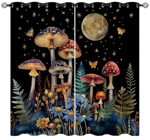 XINBADU Mushroom Blackout Curtains for Girls Boy Home Decor, Gothic Fairy Witchy Mysterious Botanical Grommet Thermal Insulated Drapes Darkening Window Curtain for Bedroom Living Room, 55 x 63 Inch