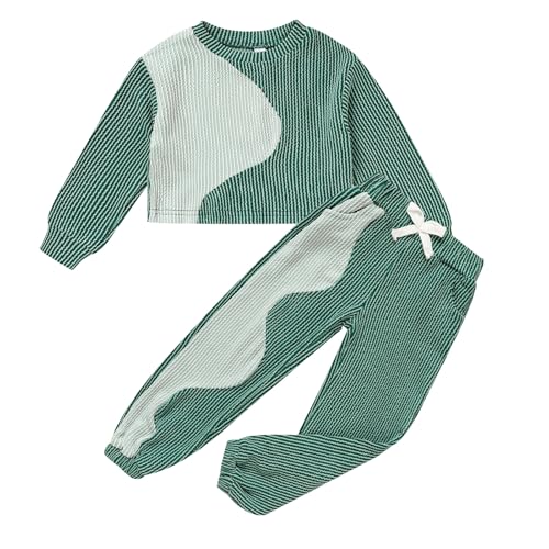 TITKKOP Green 2pcs Toddler Color Block Clothes, Long Sleeve T-Shirt Tops, Sporty Fashion Outfits for Baby Girl/Boy, Solid Color Fall Winter Outfits (4-5 Years)