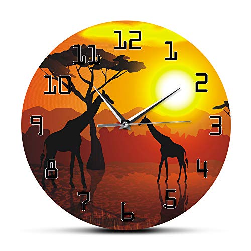 The Geeky Days Wildlife Giraffe Wall Art Decorative Silent Wall Clock Serengeti African Sunset Savannah Safari Wall Decor Hanging Timepiece Wall Watch