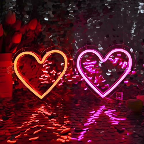 Image of Britrio Pink Heart Neon Sign, Red Heart LED Neon Light Room Decor for Girl Bedroom for Birthday Party Home Wall Decoration Mothers Day Valentine Gifts Battery Operated or USB Powered