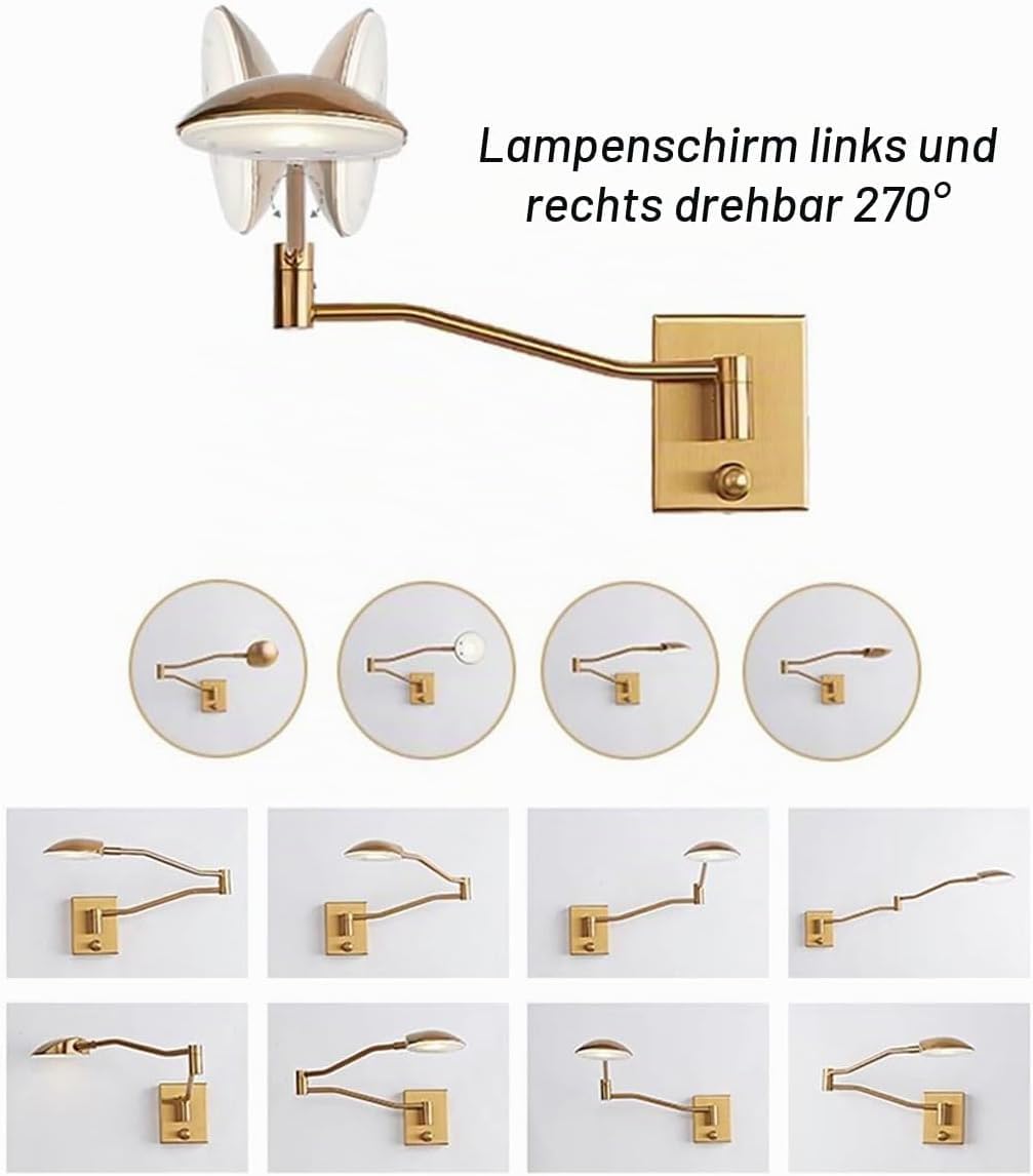 LED Wandleuchte Innen mit Schalter und Stecker, Dimmbar 9W Drehbar Wandlampe Nachttischlampe mit Kabel,4000K Warmweiß Licht, Verstellbare Lange Arm Wand Leselampe für Schlafzimmer Wohnzimmer,Gold
