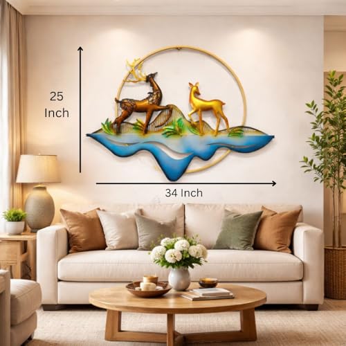 Image of SHREE 'O' GREEN TECH - Iron Big Handcrafted Metal Golden Deer Wall Art Leaf Frame Multicolor Decor for Home, Living Room, Drawing Room & Bedroom Decor (Size 34x25 Inch)