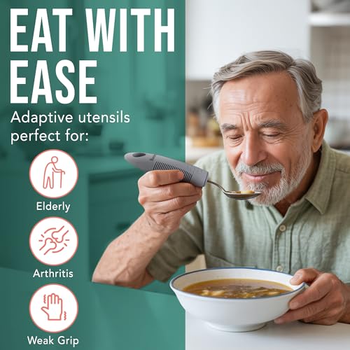 BUNMO Adaptive Utensils for Elderly, Arthritis, Weak Hand Grip & Handicapped - 4 Piece Set - Convenient Travel Pouch - Lightweight - Arthritis Gifts for Seniors Over 80 - Gifts for Disabled Adults - Image 3
