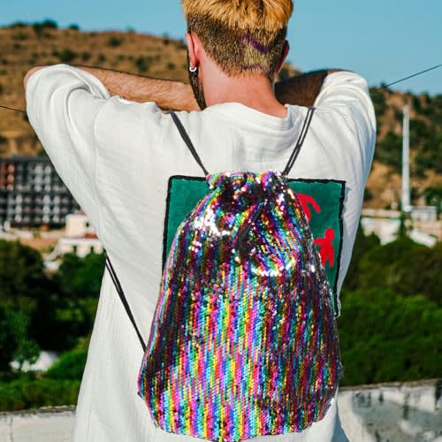 Drawstring Backpack - Sparkling Sequin Shoulder Bag, Glitter Gym Bag with Mesh Pocket, Waterproof Sport Backpack for Swimming, Yoga, Travel & Storage 17 x 14 inch2
