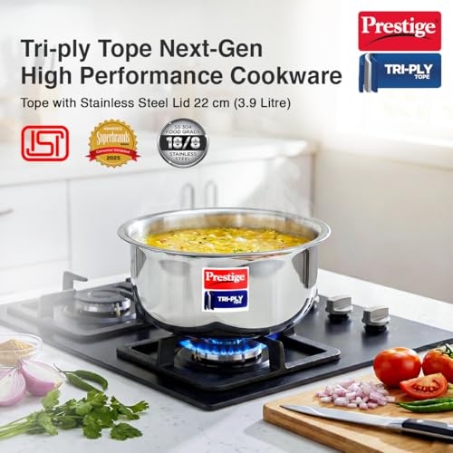 Image of Prestige 22cm /3.9L Tri-Ply Stainless Steel Tope with Lid|Gas and Induction Compatible| Even Heat Distribution|Strong and Durable| 5 Years Warranty