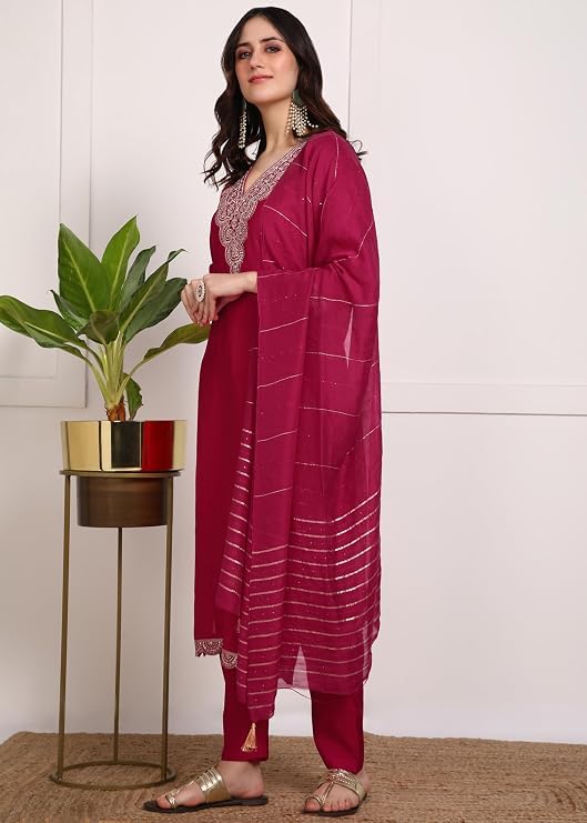 Image of Women's Viscose Rayon Embroidered Kurta Pant Set with Dupatta
