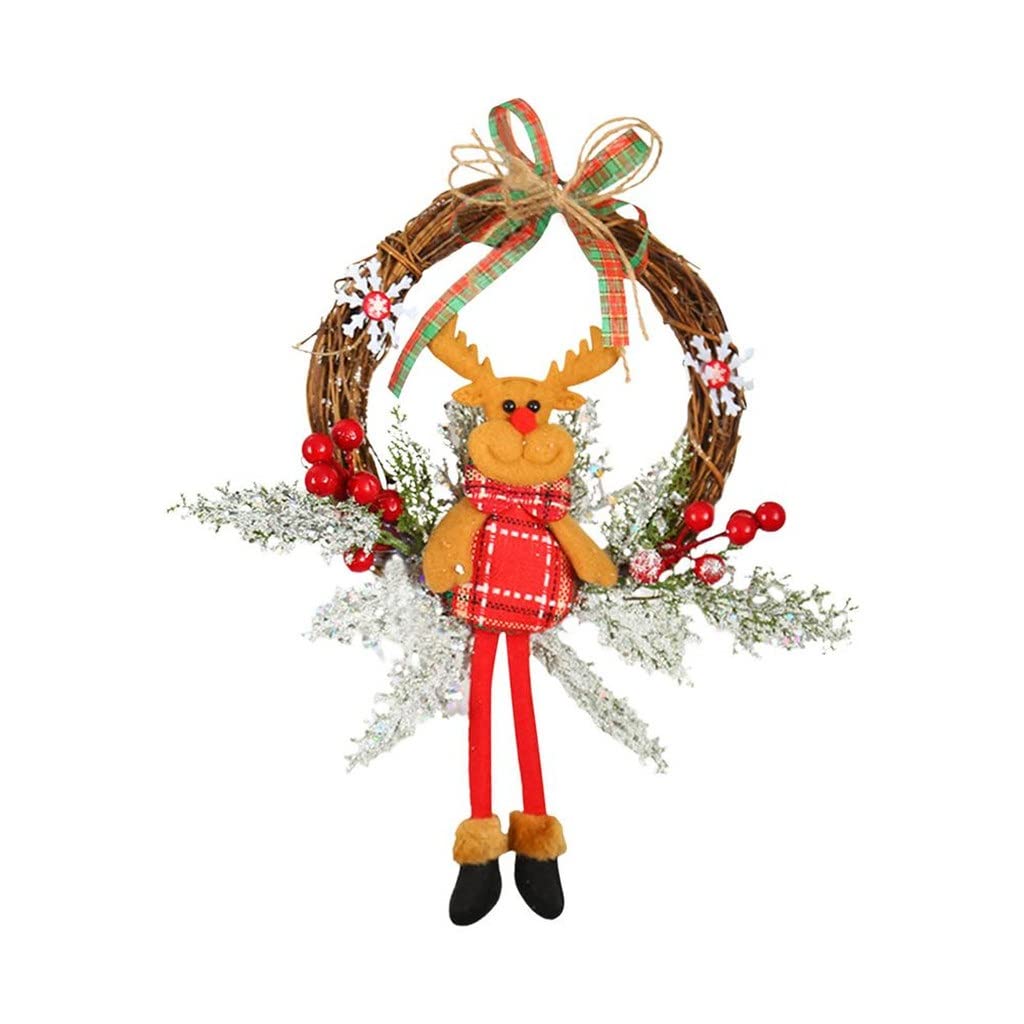 Couronne de porte de Noël en bois suspendu avec figurines et baies rouges