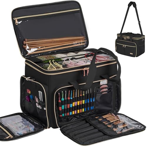 Bolsa de tricô grande organizador de armazenamento de fios, bolsa de crochê portátil, bolsas de fio para crochê em movimento para agulhas de tricô, ganchos de crochê, acessórios de tricô, projeto