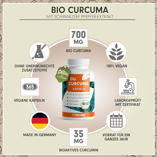 Bio Curcuma Kapseln 365x mit 700 mg Curcuma aus kontrolliert biologischem Anbau - optimal hochdosiert mit 35 mg Curcumin pro Kapsel - mit Schwarzem Pfeffer-Extrakt - Vorrat für 1 Jahr