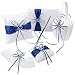OurWarm Wedding Guest Book + Pen Set + Flower Basket + Ring Pillow + Garter, White Cover, Double Heart Rhinestone Decor Royal Blue/Deep Blue Ribbon Bowknot Elegant Wedding Ceremony Party Favor