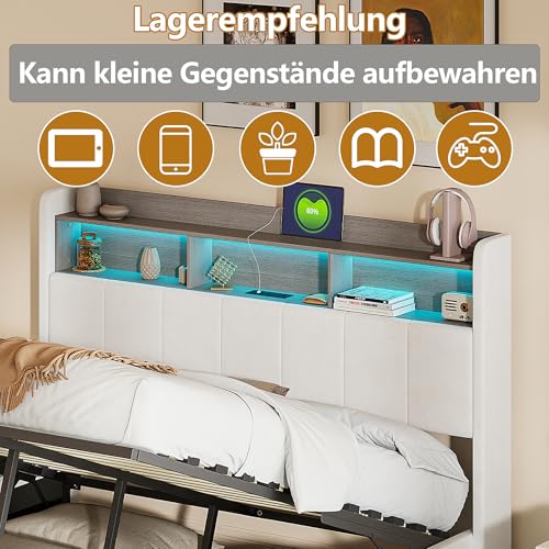 QMTXBYJ Polsterbett Doppelbett 140x200 cm, Hydraulisches Bett 140x200 mit Bettkasten und Lattenrost, Staufach-Kopfteil mit LED und USB Ladestation, Stauraumbett Funktionsbett aus Massivholz und Samt – Bild 5