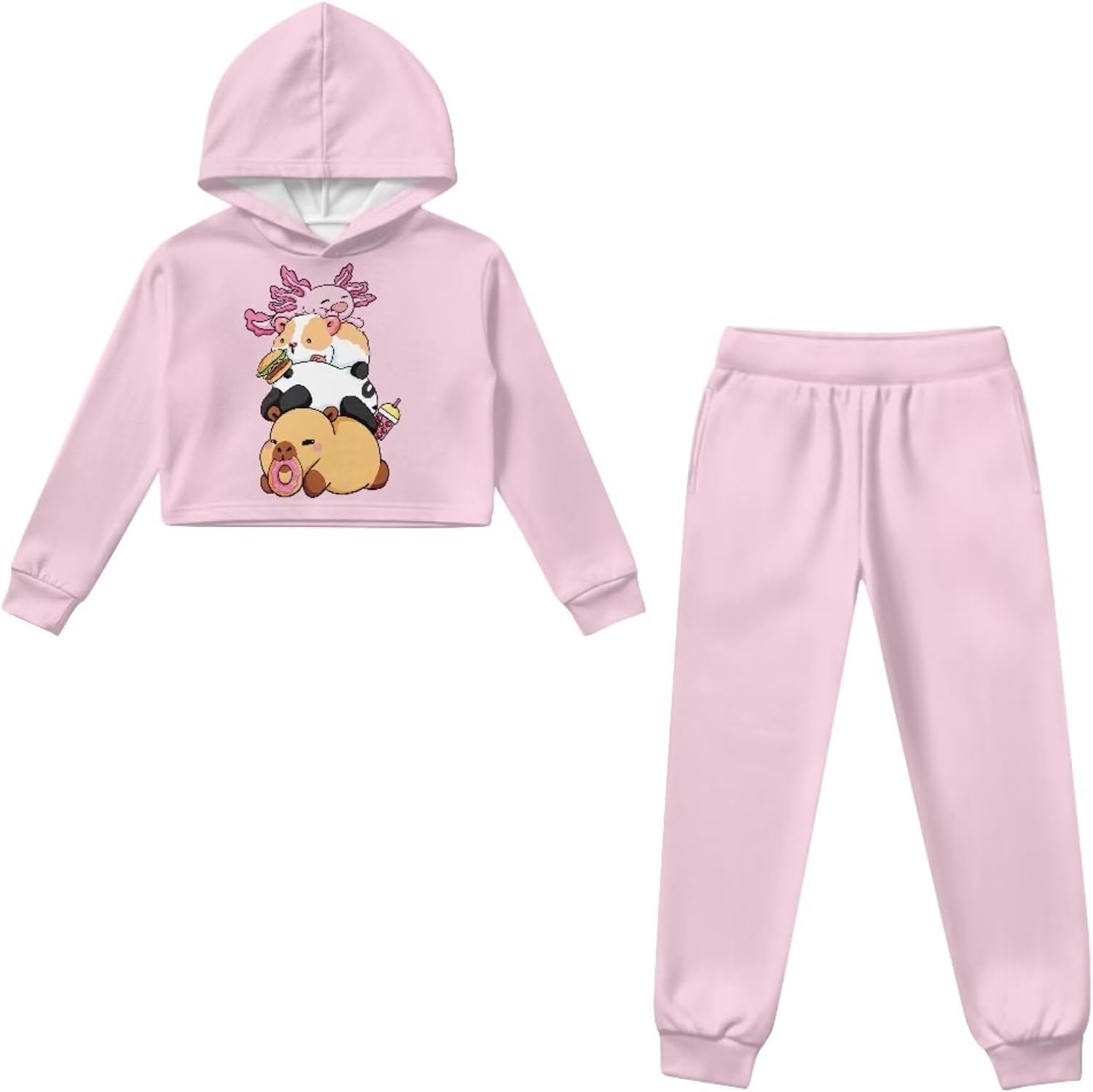 Girls 2 Piece Athletic Outfit Capybara Print Long Sleeve Sweatshirts Tops Matching Jogger for 4-13Y