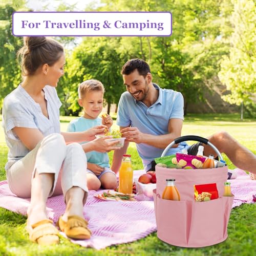 Image of 17L Portable Shower Caddy with 6 Side Pockets, Foldable Cleaning Supply Caddy with Handle, Garden Tool Bag in 600D Oxford Fabric, Multifunctional Storage Basket for Showers, Picnics, Pink