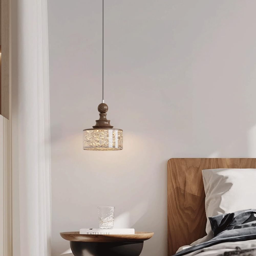 Cylindryczna lampa wisząca z żywicy w stylu Pagoda, francuski żyrandol retro z połowy wieku, żelazna rama z żywicy orzechowej/czarny i przezroczysty, 12 W LED, lampa wisząca do sypialni