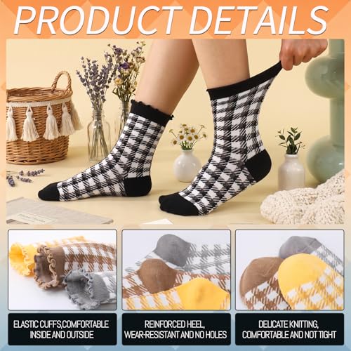 Image of 6 Pairs Women Ruffle Striped Frilly Socks, Cute Checkered Ankle Sock for Women Cotton Knit Casual Crew Socks