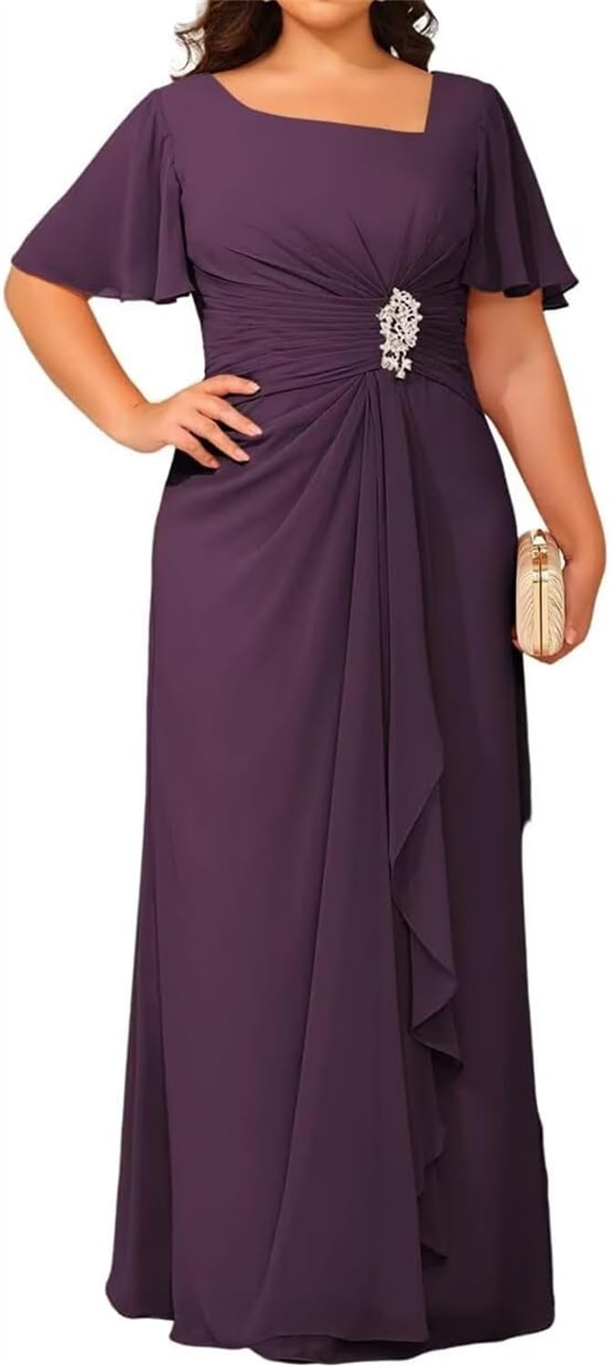 Yiann Women's Plum Chiffon Mother Of The Bride Dresses With Sleeves For Wedding Plus Size Long Formal Dress Evening Gown Uk22