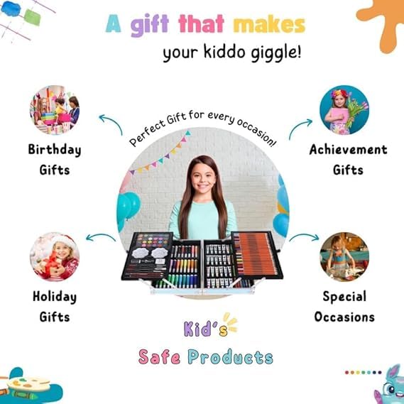 Image of 145 Pieces Art Set for Kids. 145 Pcs Color Set. Unicorn Painting Box. Drawing Colour Pencils, Oil Pastel, Watercolours, Sketches, Crayons & Paint Brush. Vanity Color Box for School Project. Pink.
