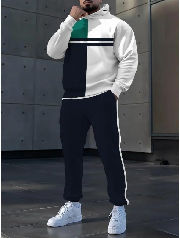Men's printed spliced long sleeved hooded sweatshirt and pants two-piece casual street fashion jogging set
