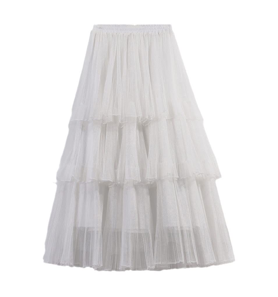 SePkus Falda de Pastel de Verano para Mujer, Faldas de Tul, Falda Midi de Cintura Alta elástica a la Moda, Faldas Plisadas para Mujer (Blanco, Talla única)