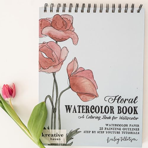 Kreative Haven Floral Watercolor Workbook – Beginner-Friendly Adult Water Color Book w/ 25 Outlines, Spiral-Bound Watercolor Coloring Book for Adults w/Video Tutorials