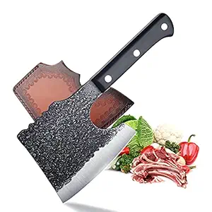 Meat Cleaver Heavy Duty Bone Cutting Knife with Sheath Carbon Steel Butcher Knives Ancient Manual Forging Bone Meat Knife for Outdoor and Kitchen Black