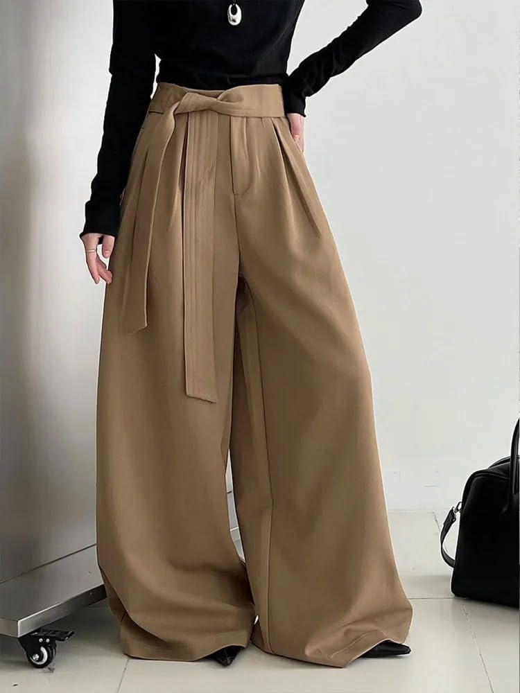 Women's Strap Pleated Wide Leg Pants Autumn Casual Long Trousers for Women