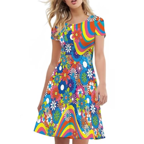 Image of POLERO Sunflower Dress for Women Floral Summer Dresses Short Sleeve Casual Sundresses Midi Dresses