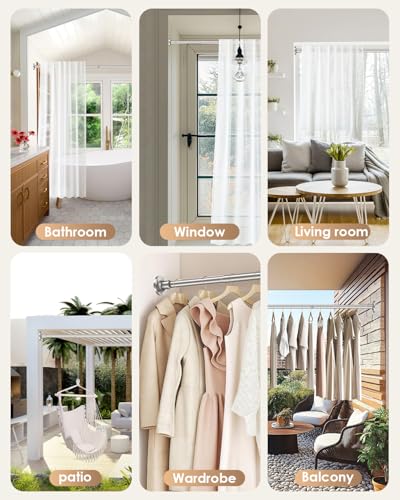 Image of Brushed Nickel Long Shower Curtain Rod Tension Rod for Outdoor Patio No Drilling Adjustable 30-121 In(10Ft) 1.1 inch Dia Stainless Steel Rustproof Thick Spring Heavy Duty Rods for Window Pergola Bathroom