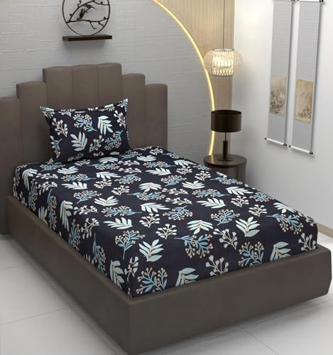 Image of KAWI Single Bedsheet Elastic Fitted 72X48X6 Inches Glace Cotton with 1 Pillow Cover (72 inchX 48 inchXup to 8 Inche Mattress) Blue Colour