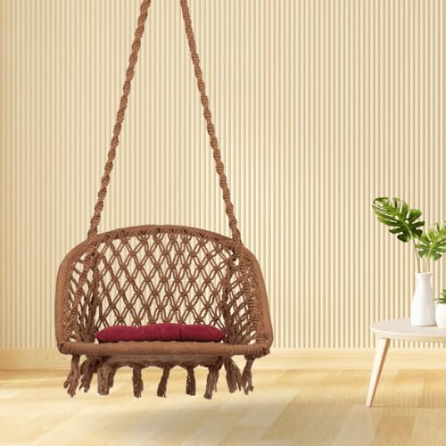 Image of Swingzy Premium Cotton D-Shape Hanging Swing Chair for Home, Balcony & Garden | Indoor & Outdoor Hammock for Kids & Adults | Stylish Brown Net Design with Comfortable Seating (64 x 61 x 152 cm,Brown)