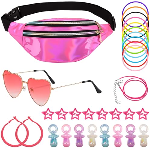 Disfarce dos anos 90 para mulher, 31 peças dos anos 90 80, conjunto de acessórios com cintura, óculos de coração rosa, pulseiras de néon, brincos, ganchos para o cabelo, festa dos anos 90