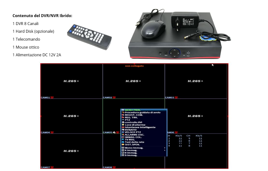 DVR 8 CANALI IBRIDO 5 MPX 5 IN 1 P2P CON INVIO MAIL COMPATIBILE CON TUTTE LE TELECAMERE