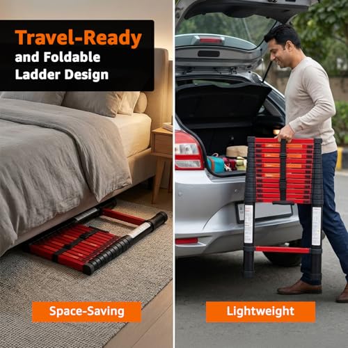 Image of Amazon Basics 4.4 m (14.45 ft) Compact Alloy Steel Telescopic Ladder | 15-Step Extendable & Foldable | Portable Multipurpose