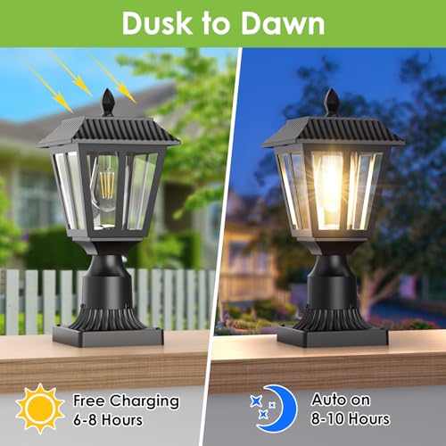 Greluna Solar Post Lights, Dusk to Dawn Solar Lamp Post Light with Pier Mount Base, Solar Post Lights Outdoor Waterproof for Garden Yard Landscape Pole Pillar (Warm White)