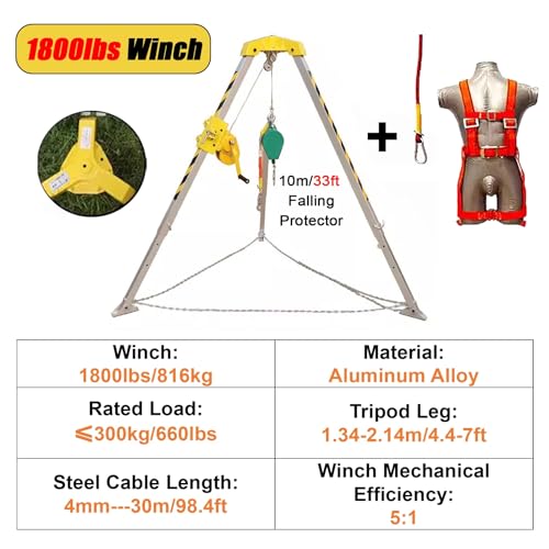 Trépied robuste pour espaces confinés, pieds télescopiques en aluminium, système de protection contre les chutes pour puits profonds, drains, conduits, treuil de 544,3 kg avec harnais de sécurité