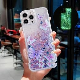 VALRION Compatible with iPhone 15 Pro Max Glitter Butterfly Case Glow in The Dark Women Girls Girly Bling Sparkle Flowing Quicksand Light up Case Soft TPU Bumper Luminous Clear Phone Cover, Purple