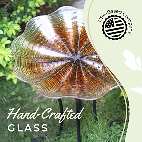 Grateful Gnome Hand-Painted Glass Bowl Bird Bath W/Solar Fountain - Golden Flower Design #TOP4