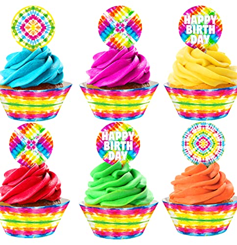 POP parties Ink Tie Dye Cupcake Toppers and Wrappers - 48 Count - Yellow, Pink, Blue, Green, Orange, White, Rainbow - Art Party - Birthday Party (Tie Dye Theme) - Pastel, Bright, Multicolored