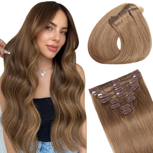 Image of Clip in Hair Extensions Real Human Hair, Human hair Clip ins Extensions | Seamless Invisible Human Hair Extensions Clip ins Straight 8Pcs Double Weft Tangle Free, No Shedding Chestnut Brown 20 inch 105g