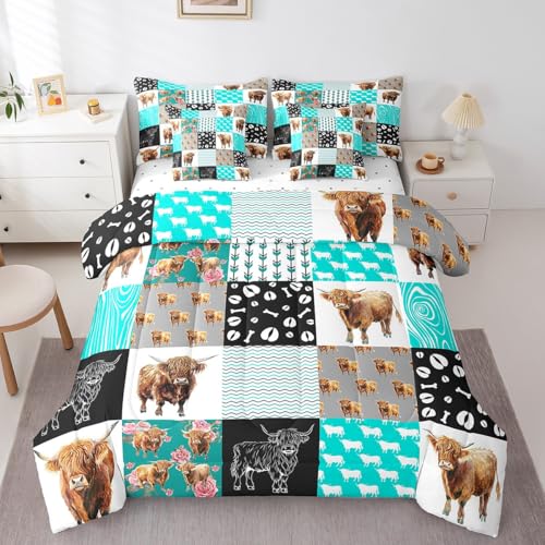 Highland Cow Comforter Set 7 Piece Bed in a Bag Twin,Farm Animals Bedding Set,Western Cowboy Longhorn Bull Cattle Sheet Set Rustic Flowers Bed Set,Teal Patchwork Buffalo Plaid Farmhouse Decor
