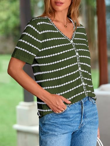 Image of NALANISA Women's Short Sleeve Sweater Spring Summer Crochet Knit Tops 2026 V Neck Striped Button Down Dressy Casual Blouses