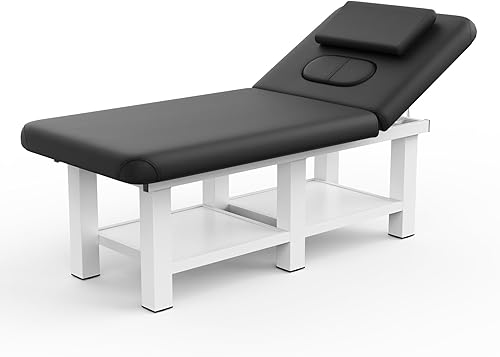 Mesa de masaje estacionaria ancha negra con respaldo para mesa de tratamiento, mesa de terapia física, cama facial de spa, marco de metal, piel