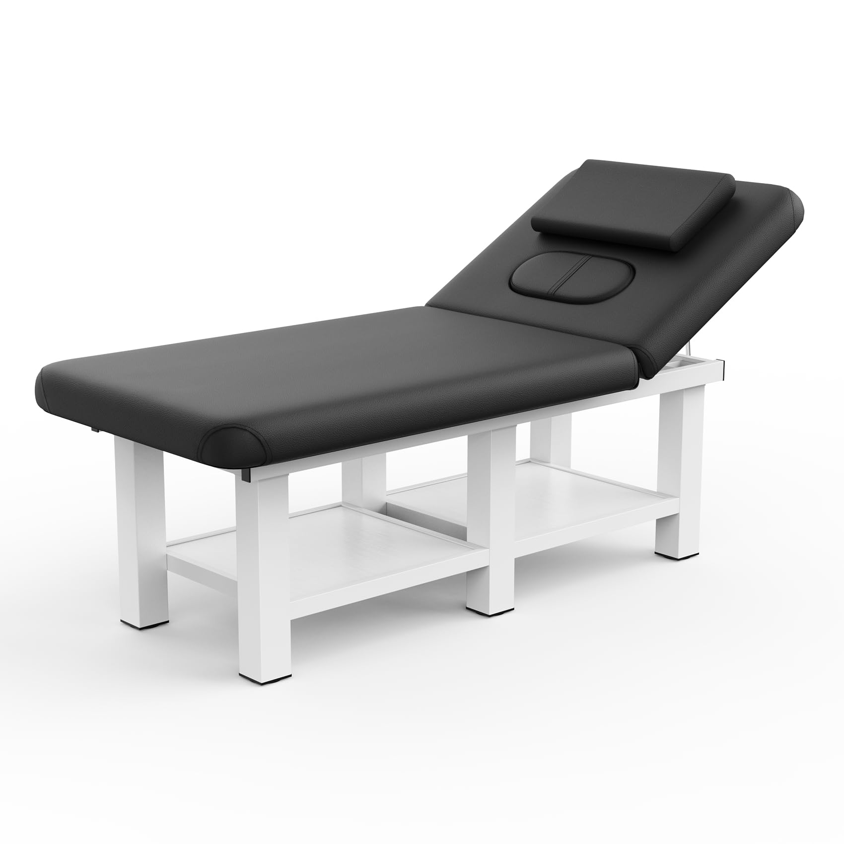 Black Wide Stationary Massage Table with Backrest for Treatment Table Physical Therapy Table Spa Facial Bed, Metal Frame PU Leather 31.5'' Wide 75'' Long Heavy Duty Professional Stationary Massage Bed