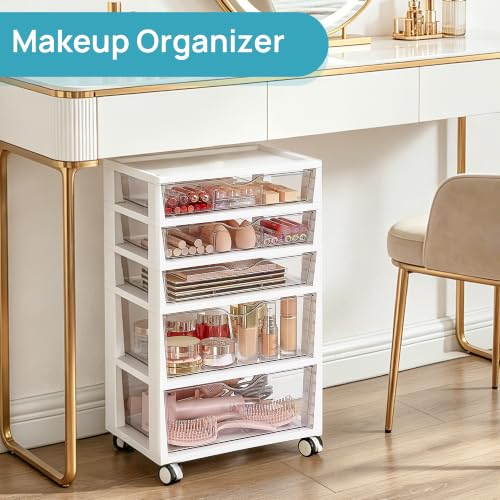 Image of Vtopmart Plastic Drawer Storage Rolling Cart with Wheels, 5-Tier Drawer Organizer for Art Crafts Supplies, Home Office Supplies, Toys, Under Desk Storage for Office, Craft Room, Bedroom, Classroom