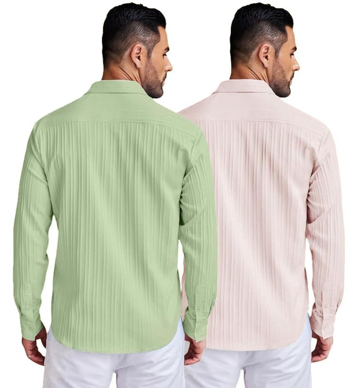 Image of DEELMO Combo of Men's Casual Button Down Shirts Long Sleeve Linen Shirt Fashion Textured Summer Shirts Pack of 2