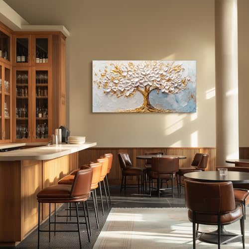 SERIMINO Tree of Life Wall Art, White Gold Tree Extra Large Artwork, Neutral Aesthetic Abstract Art Wall Decor, Modern Fantasy Pictures for Living Room Dining Room Office Canvas Prints 30"X60"