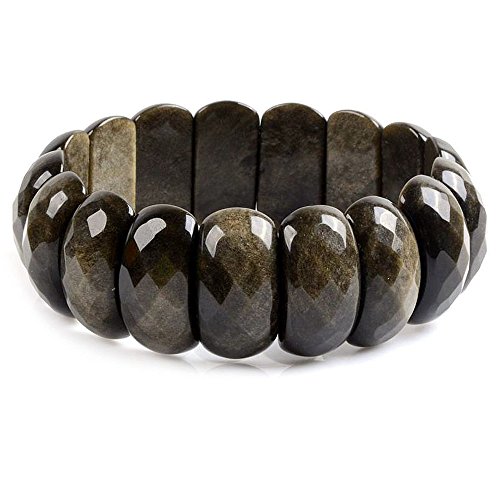 Natural Golden Obsidian Gemstone 25mm Oval Faceted Beads Wide Stretch Bracelet 7" Unisex