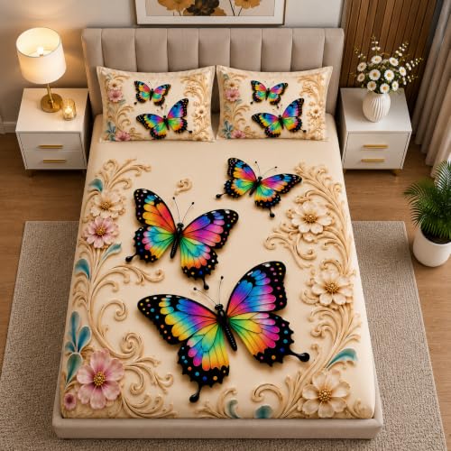 Image of DECORUM Premium Digital Butterfly Printed BEDSHEET (90 X 100) Inch with 2 King Size Pillow Covers - HIGH-Definition Design & Superior Comfort (Heavy Quality) BEDSHEET Rainbow Butterfly Elegance