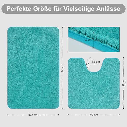 SOANNY Badematten Set 2-teilig, rutschfest & Waschbar, Luxus Dicke Mikrofaser Badezimmerteppich, 50x80 cm Badvorleger & 50x50 cm Toilettenmatte, Türkis – Bild 3