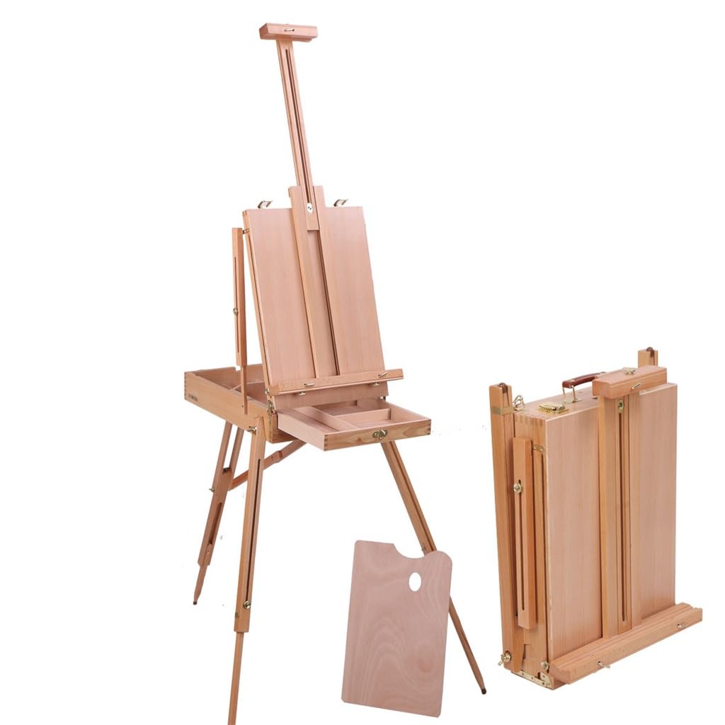 Caja de pintura, caballete triangular, caja herientas, suministros arte madera maciza, haya